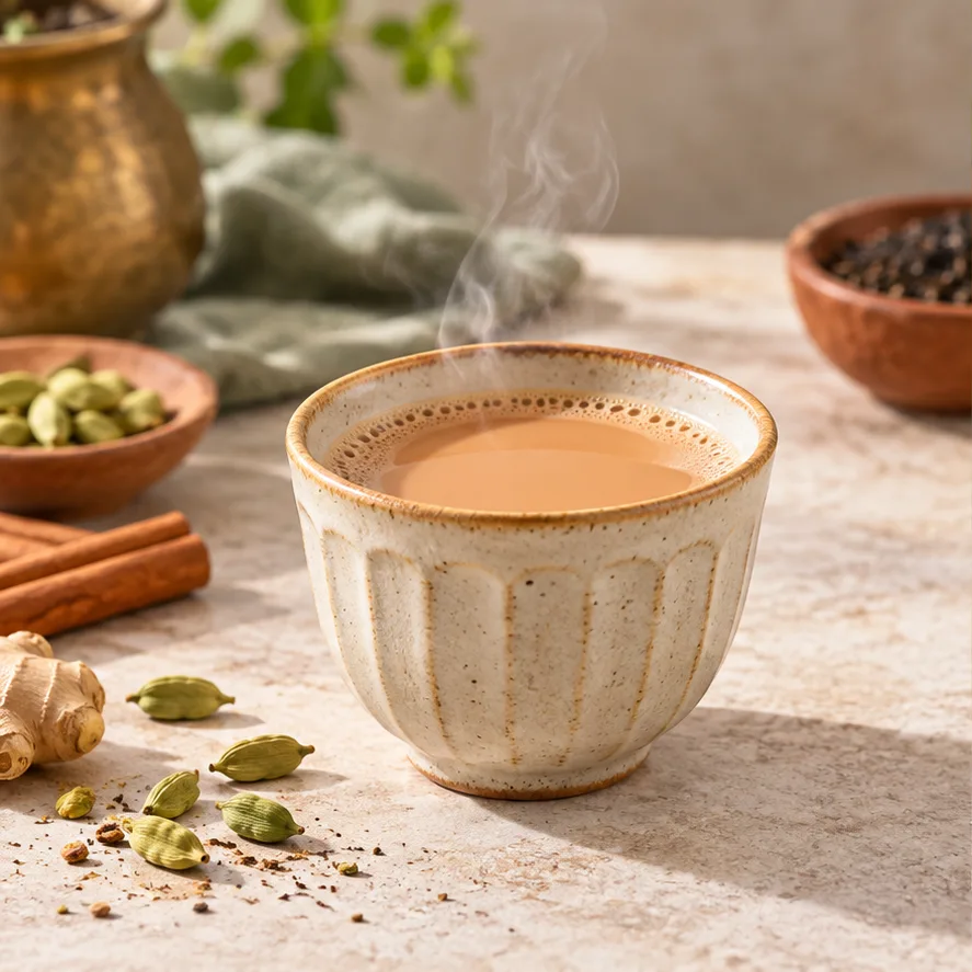 Eine Tasse Masala Chai mit aufsteigendem Dampf